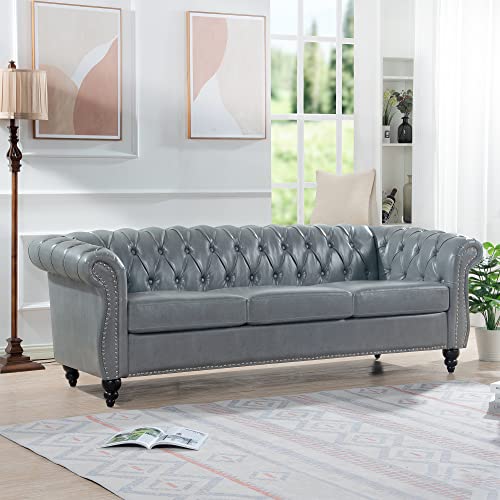 Image of LEVNARY Chesterfield Sofa, Classic Tufted Upholstered Leather Couch, Modern 3 Seater Couch Furniture with Tufted Back for Living Room Office (Gray)