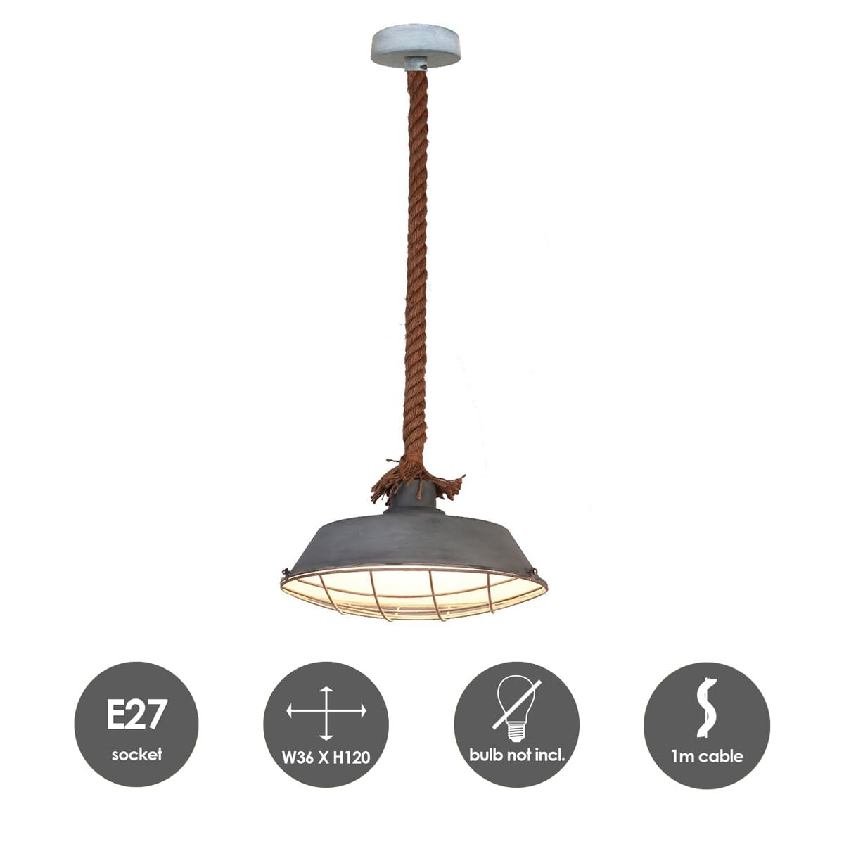 Home Sweet Home Industriale Lampadario Dex | 36/36/120cm | Calcestruzzo | Lampadario a sospensione in corda | E27 | Lampada a sospensione adatta per soggiorno
