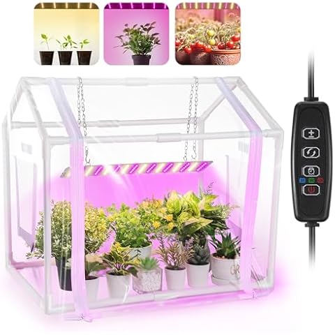 Meonum Mini Greenhouse with Grow Light for Indoor, 23.6 x15.7 x19.6 Tabletop Small Greenhouse Kit with 15W Plant Dimmable LED Grow Lights and Timer, 3 Light Color Mode for Seed Starter Tray Cover