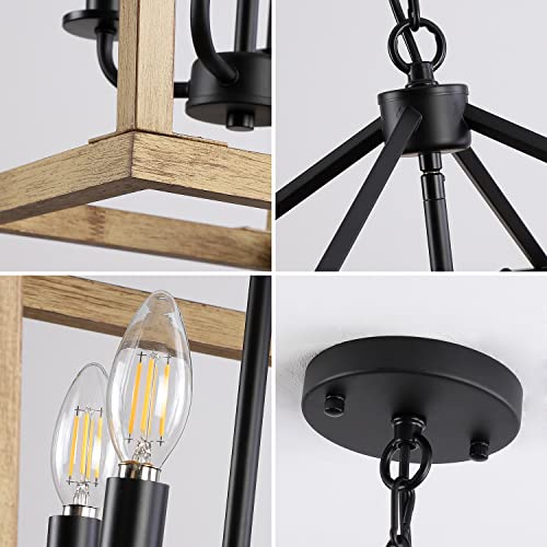 4 Lights Farmhouse Chandelier,Modern Rustic Lantern Pendant Light,Black Metal+Oak Wood,Vintage Light Fixtures For Foyer, Dining Room,Living Room,Kitchen Island,Height Adjustable,E12 Bulb,12.6”H18.1” #TOP6