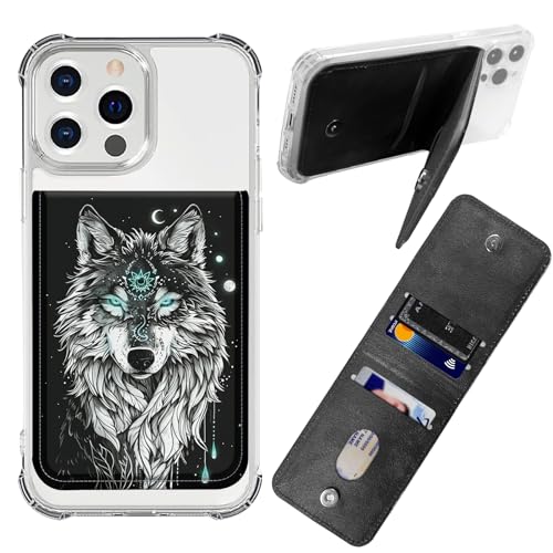 BWEGRHE Adhesive Phone Sleeve, Wallet Stick On Phone PU Leather Credit ID Card Holder RFID Blocking Universally Pocket Cover, Little Wallet Design for Most Smartphones, Wolf