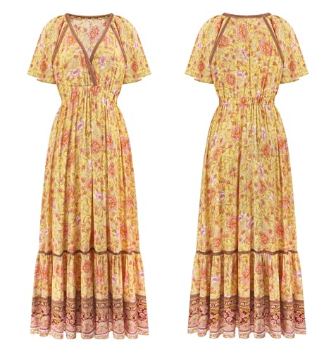 Image of R.Vivimos Women's Summer V Neck Maxi Dress Boho Floral Print Short Sleeve Elastic Waist Ruffle Patchwork A-Line Beach Dress