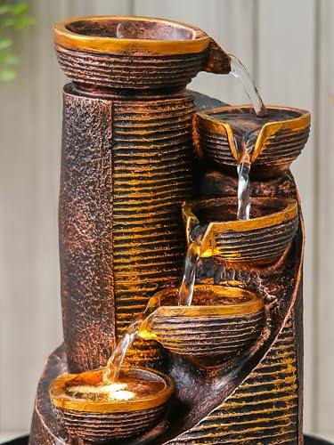 Image of CHRONIKLE Polyresin Antique Designer Table Top Indoor 5 Artistic Steps Waterfall Fountain with Yellow LED Lights & Water Flow Controller Pump (Size: 41 x 25 x 25 CM | Weight: 1980 gram | Color: Multi)