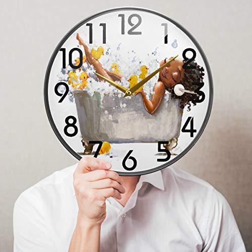 Naanle Young African Woman In Bath With Duck Toys Round Wall Clock, 9.5 Inch Silent Battery Operated Quartz Analog Quiet Desk Clock For Home,Office,School #TOP3