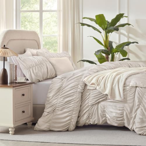 Image of Andency Ruched Linen Grey California King Comforter Set, 3 Pieces Bedding
