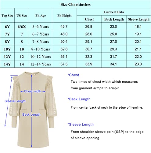 Girls Crew Neck Sweater Dress Lantern Sleeve Knit Ruffled Straight Dress Apricot 10Y #TOP4