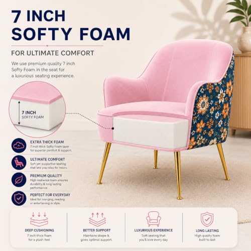 Image of Velvet Chair with Pillow for Home | Modern Accent Armchair in Soft Velvet Fabric with Golden Legs | Premium Accent Chair for Living Room Bedroom Restaurent | (Baby Pink, Big Zara)