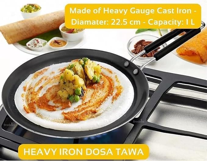 Cast Iron Dosa Tawa for Gas Stove Induction Tawa | Flat Roti Tawa with Cool Touch Handle | Heavy Duty Iron Pan for Dosa, Chapati, Paratha, Uttapam | Non-Stick Coating | Easy to Clean (12 Inc Big Tawa)