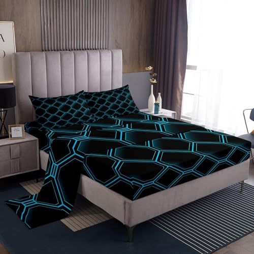 Erosebridal Honeycomb Twin Sheet Set for Boys Kids,3D Stereoscopic Black and Teal Hexagon Sheets Geometric Hexagonal Beehive Bed Sheets Set,Abstract Art Geometry Room Decor