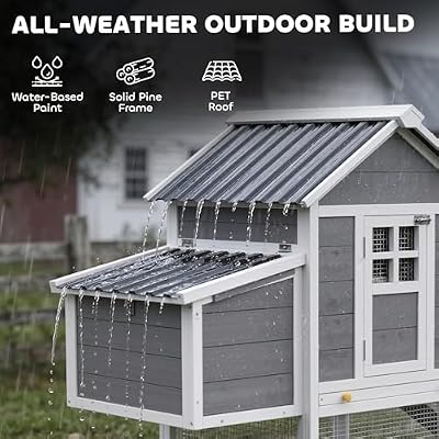 PawHut 82 Wooden Chicken Coop, Large Outdoor Hen House Poultry Hutch for 2-3 Hens, Chicken House with Nesting Box, Pull-on Tray, Waterproof Roof, Ramp and Roosting Bars for Backyard, Gray