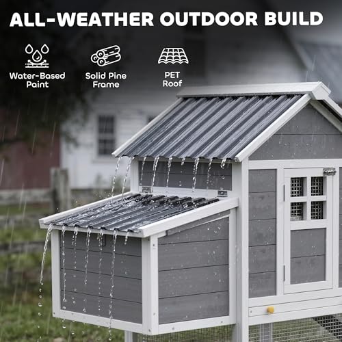 Image of PawHut 82 inch Wooden Chicken Coop, Large Outdoor Hen House Poultry Hutch for 2-3 Hens, Chicken House with Nesting Box, Pull-on Tray, Waterproof Roof, Ramp and Roosting Bars for Backyard, Gray