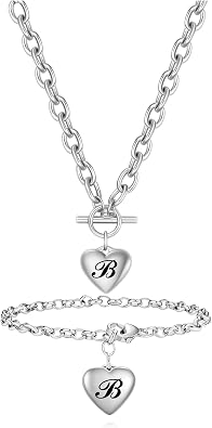 VQYSKO Silver Heart Initials Necklace Bracelet Sets-A-Z Stainless Steel Engraved Charm Bracelet, Woman Jewelry Birthday Festival Gift
