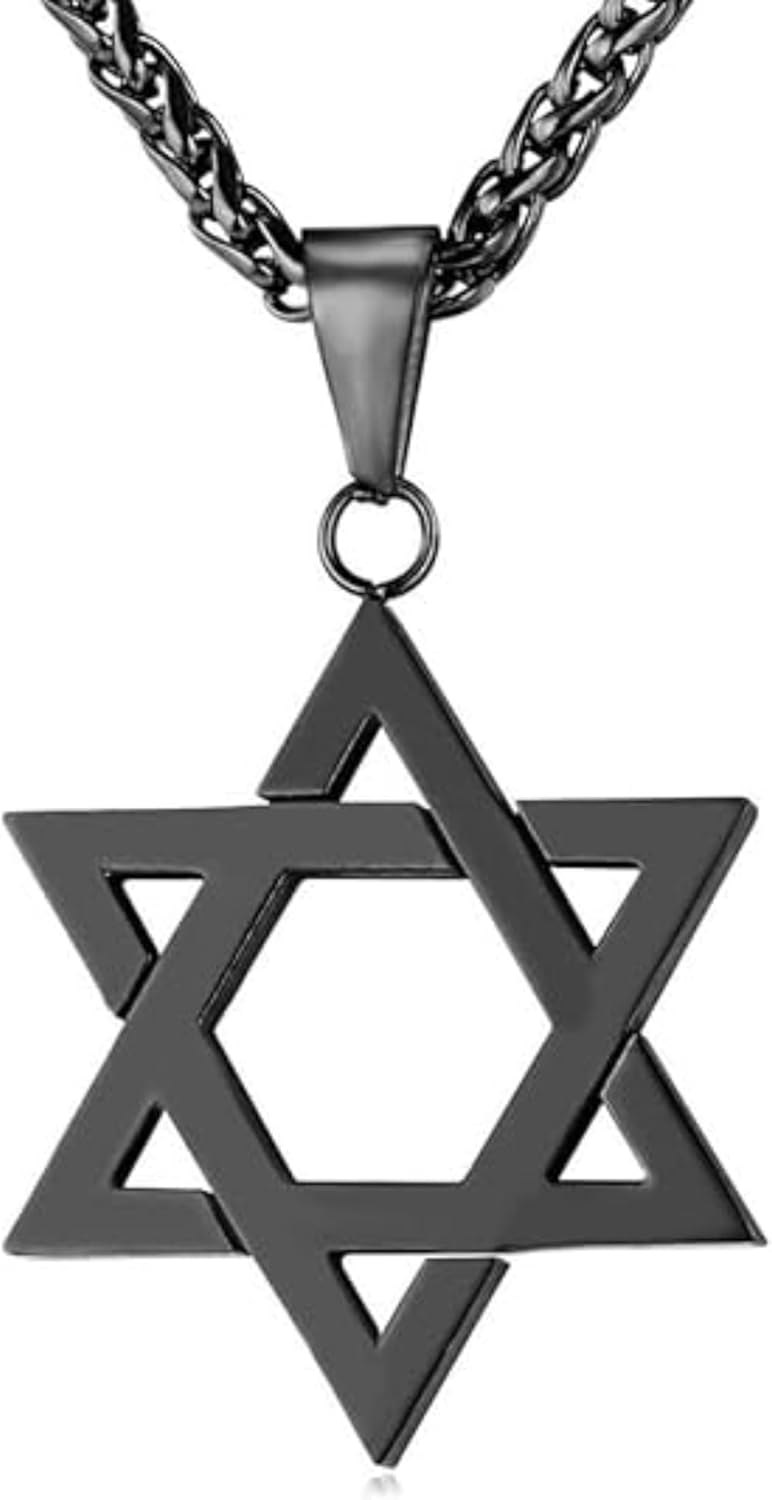 Stainless Steel Star of David Necklace for Men Women Six Point Star Hexagon Pendant Dainty Religious Jewish Jewelry (Black)