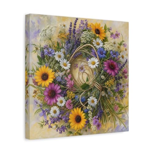 Tableau couronne de fleurs imprimé canvas déco murale salon moderne 35x35 cm