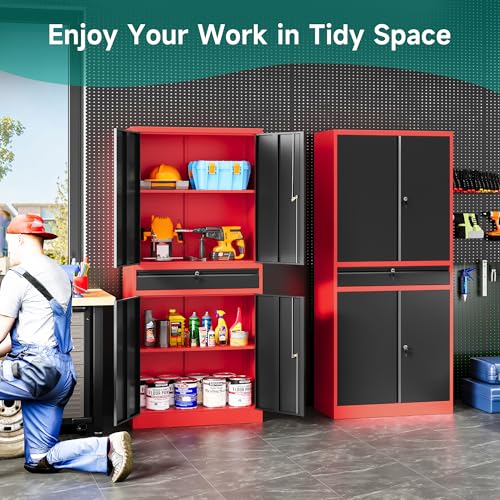 Image of SISESOL Metal Storage Cabinet with Drawer and Lock,Garage Storage Cabinet with Locking Doors and Shelves,71 inch Black Red Metal Cabinets,Lockable Steel Tool Cabinets for Garage,Home,Office,Shop