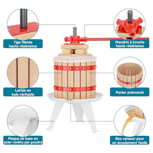 WilTec Presse à Fruits – 370 x 370 x 575 mm – capacité 12 L – avec Panier en hêtre et Torchon Sac de filtrage – Pressoir Manuel pour Moût de Pomme Poire Raisins Baies – Vin Cidre – vue 6