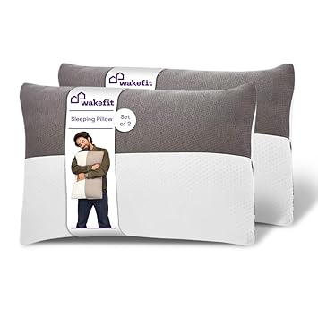 Wakefit Polyester Sleeping Pillow | Height Adjustable | Soft & Fluffy Comfort | White & Grey | 27 x 16 Inch | Set of 2 |Free Extra Filling for Custom Comfort - image, photos