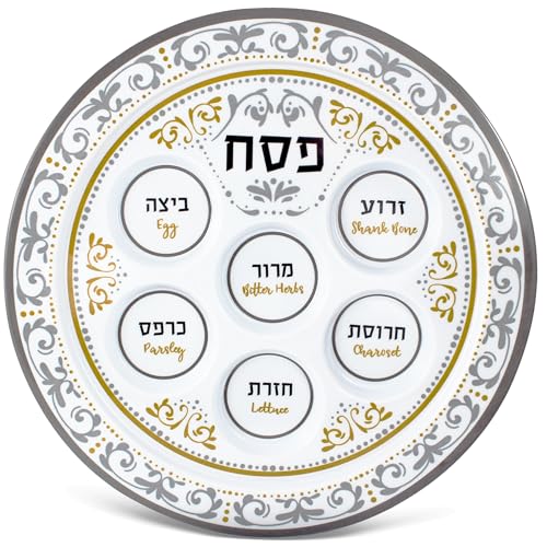 Zion Judaica Renaissance Passover Seder Plates Gold and Silver Floral Design Round Passover Tray 12 Melamine 6 Section Passover Plate Marked with Symbolic Pesach Seder Foods Seder Plates Table Dcor