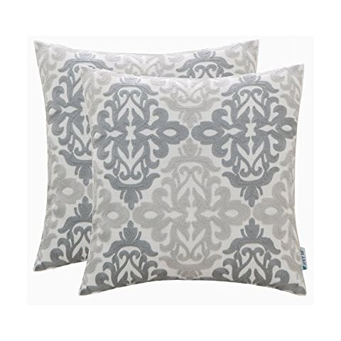 HWY 50 Gray Grey Embroidered Throw Pillows Covers Set 18x18 Inch, Decorative Linen Cushion Cover Boho Rustic Accent Throw Pillow Cases for Couch Bed Pack of 2 Cover