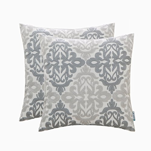 HWY 50 Decorative Linen Throw Pillows Covers Set 18x18 Inch Embroidered Geometric Accent Throw Pillow Cover Cushion Cases for Couch Sofa Living Room Pack of 2 Grey Gray