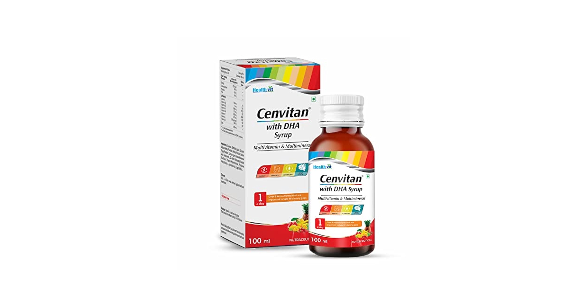 Healthvit Cenvitan with DHA Syrup | Multivitamin & Multiminerals Syrup with Juicy Fruit| For Focus, Concentration, Memory & Cognitive Skills |For All Age Group- 100ml : Amazon.in: Health & Personal Care