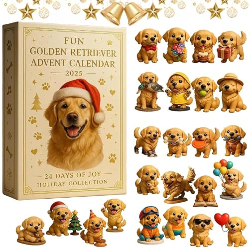 Lustiger Golden Retriever Weihnachts-Adventskalender 2025, Welpen-Thema, Weihnachtsgeschenk-Set, 24 Stück, 2D-Acryl, festliche Hundeornamente, entzückende Sammler-Dekorationen für Haustierliebhaber