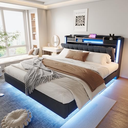 BTM Lit Capitonné 160x200 cm, avec LED et Prise USB, Tête De Lit À Rangement, Lit Suspendu Ados & Adultes, Tissu Laine, Gris