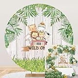 AWERT Polyester Diameter 5.5ft Round Wild One Backdrop Jungle Safari Theme Wildlife Truck Palm Leaves Photography Background for Kids 1st Birthday Party Baby Shower Decoration Banner