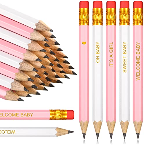 50 Pieces Half Pencils Baby Shower Pencils Sharpened Pencils with Erasers Pencils for Baby Shower Presharpened Pencils Woodcase Pencils for School Office Supplies, 4 Inch(Pink, White, Girl Style)