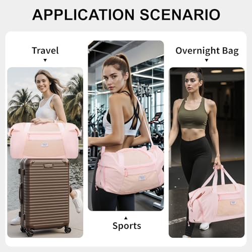 MOSISO Gym Bag for Women, Travel Duffle Weekender Overnight Workout Carry on Small Tote Sport Gym Duffle Bag with Shoe Compartment&Wet Pocket&Front Mesh Pocket for Fitness, Yoga, Weekend, Pink3