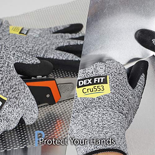 Image of DEX FIT Level 5 Cut Resistant Gloves Cru553, 3D Comfort Stretch Fit, Power Grip, Durable Foam Nitrile, Smart Touch, Machine Washable, Thin & Lightweight, Grey 10 (XL) 3 Pairs