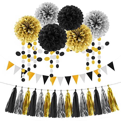 Silver Black Gold Party Decorations - 23pcs Tissue Paper Flowers Pom Poms Tassel Garland Pennant Banner Flags Streamers Birthday New Years Eve Retirement Graduation Classroom Hanging Decor Supplies