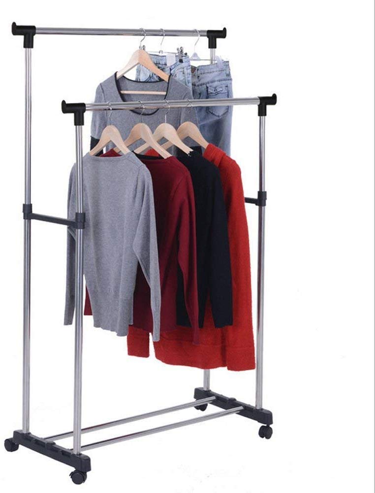 Double Pole Telescopic Clothes &Shoe Rack Folding With 4 Wheels Stand Hanger Garment Drying Rack Multipurpose Portable Storage Laundry Fordable Single And Stand For Indoor Outdoor-image-10