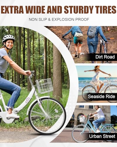 24/26 Inch Foldable Bike Folding Bicycle, 7 Speed Beach Cruiser Bike with Lock, Comfort Back Seat, Foldable Basket & Ergonomic Upright Frame, Cruiser Bicycle for Adults - Image 6