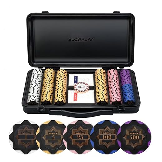 SLOWPLAY Nash Pokerset, 300 Nummerierte Poker Chips | profi pokerchips aus Ton 14g | inkl. Pokerkoffer hochwertigen, Plastik Pokerkarten, Dealer Button
