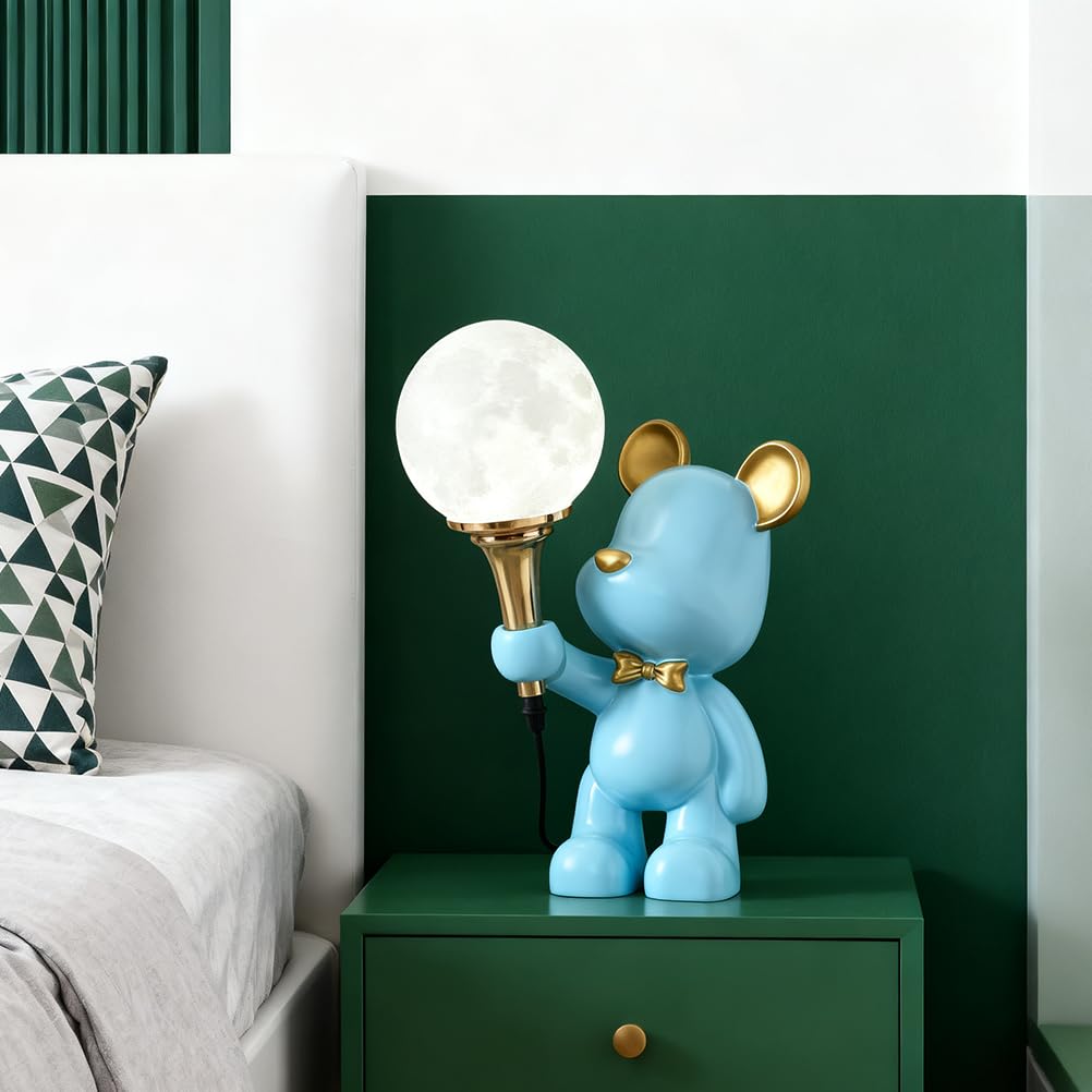 Kinderzimmer G9 Tischlampe Mond Bear Tischleuchte mit Kabel (Blau) | Kunstharz Kinder Bettlampe Cartoon Moderne Design Baby Nachtlampe für Wohnzimmer Schlafzimmer Babyzimmer mit Leuchtmittel