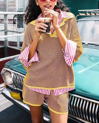 Image of Tankaneo Womens Sweater Set 2 Piece Outfits Oversized 3 /4 Sleeve V Neck Knit Tops High Waisted Shorts Lounge Sets