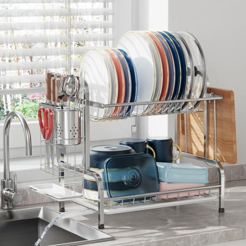 iSPECLE Dish Drying Rack with Drainboard - 304 Stainless Steel 2 Tier Dish Racks with Spout for Kitchen Counter, Dish Drainer with Tray, Stainless Steel Utensil Holder, Cutting Board Holder, Silver