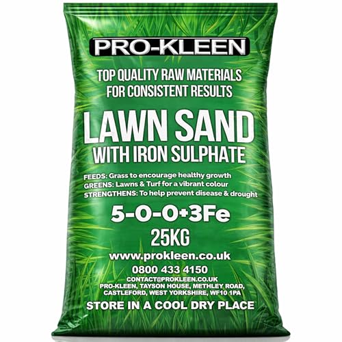 Pro-Kleen Professional Lawn Sand 5:0:0 + 3% Iron (Ferrous Sulphate) Fast Greening Thicker Healthier & Stronger Grass UK Made 25kg Covers up to 714m