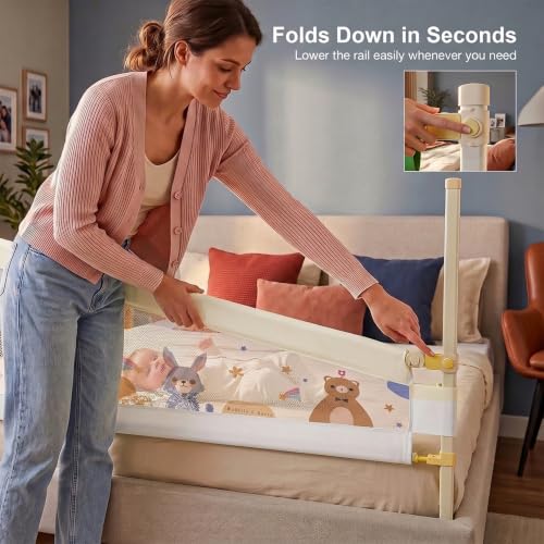 Image of BAYBEE Baby Bed Rail Guard (180x80cm) | Bed Railing for Baby Safety with 28 Height Adjustable Bedside Protector for Babies Falling | Foldable Bed Safety Guard for Kids (1 Side, (White /Beige)