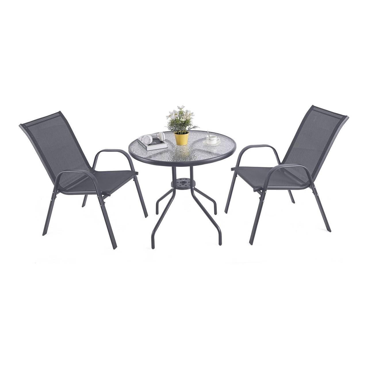 URBNLIVING 3 Piece Garden Bistro Set Round Glass Top Table & 2 Textilene Chairs Outdoor Patio Balcony Furniture Weather Resistant Metal Seating - Grey โ image 1