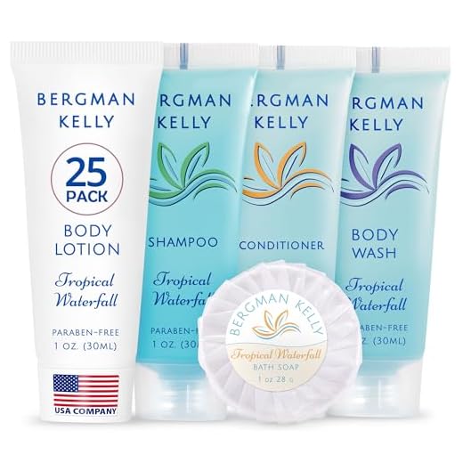 Bergman Kelly - Hotel Toiletries Bundle - Tropical Waterfall, 1 oz each, 125 Pieces - 5-Piece Set: 25 each Round Bar Soap, Shampoo, Conditioner, Body Lotion & Body Wash - Bulk Mini Guest Amenities