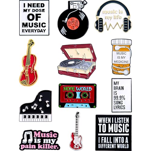Anjulery Music Enamel Pins Set of 12 – Fun Metal Lapel Pins for Backpacks, Jackets, Hats & More – Collectible Music-Themed Accessories – Unique Gift for Musicians & Pin Collectors (Music-D)