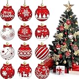 12Pcs Christmas Tree Decorations Red and White Xmas Ball Design Wooden Hanging Ornaments Set Xmas Tree Snowflakes Elk Pattern Winter Holiday Decorations Merry Christmas Decor for Party Home Indoor