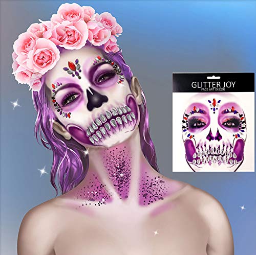 Day of the Death Face Gems Tattoo - 3-Pack Halloween Face Jewels Stick on Decals - Image 3