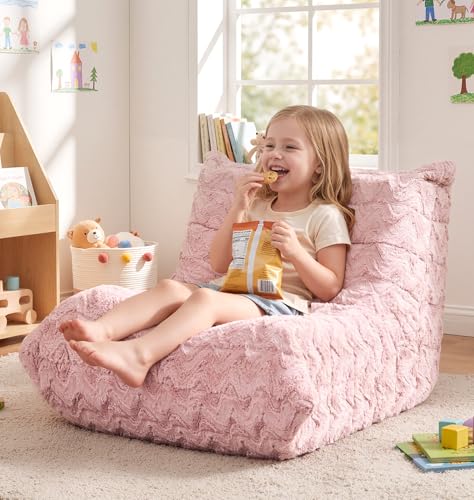 Image of Hobestluk Small Bean Bag Chair Faux Fur Fabric BeanBag Couch for Playroom | Pink Chevron,Ergonomic Design,Memory Foam,Strong Supportive,No Assembly Required,Decorative Style for Living Room Bedroom
