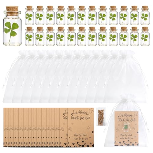 FTUREERA 24 Sets Glücksbringer Geschenk Echtes Vierblättriges Kleeblatt im Glas Glücksbringer Kleeblatt mit Glückskarten Kleines Geschenk für Glück Wunscherfüller zu Weihnachten Geburtstag