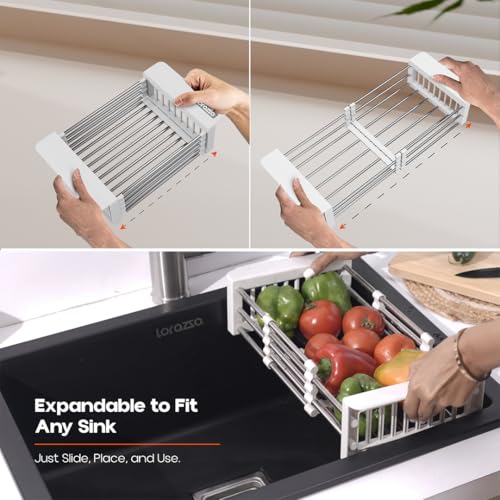 Image of Lorazzo Kitchen Sink Basket - Over The Sink Expandable Colander for Vegetable & Fruit Washing | Drain Basket & Sink Strainer | Adjustable Kitchen Sink Accessories | 1-Year Warranty (Silver & White)