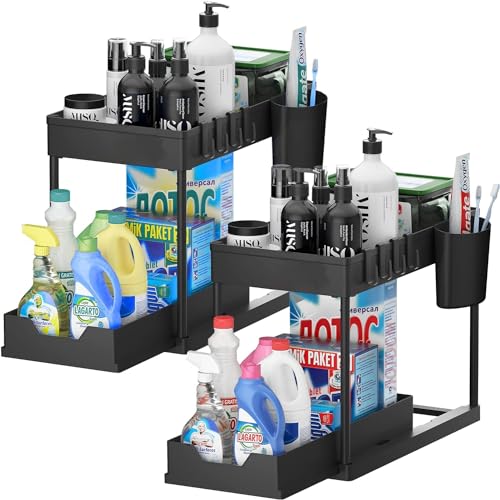 SKY-TOUCH 2pcs Storage Racks Pull-Type Double-Layer Kitchen Storage Rack Under Sink Organizer Double Sliding Under Bathroom Cabinet Organization Kitchen Storage with Hooks 15.6x8.6x13.2inch Black