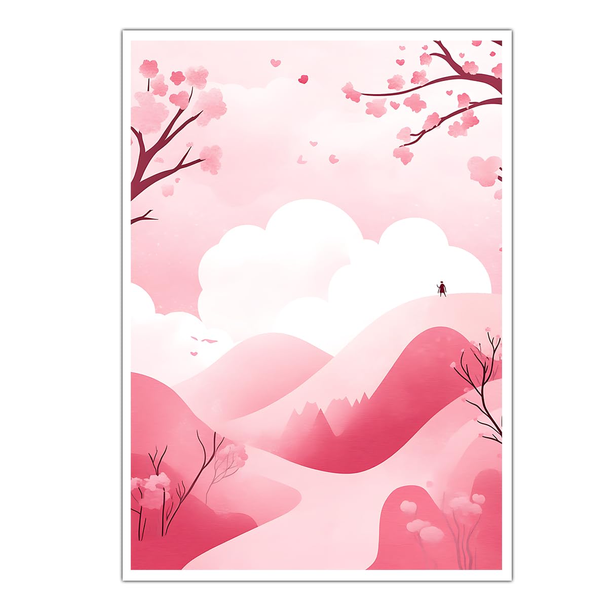 Cherherart Frameless Dreamy Clouds Poster Prints Pink Cherry Blossom Canvas Wall Art Romantic Minimalist Illustration Cute Aesthetic Canvas Artwork 80X120cm